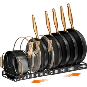 Carestrong Pot Lids Organizer Rack for Cabinet and Countertop, 7+ Pan Lids and Bakeware Organizer Rack Holder with 7 Adjustable Compartments - Brown