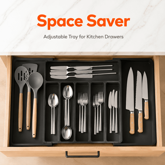 Carestrong Large Expandable drawer organizer, BPA-Free Food-Safe Cutlery silverware organizer, Kitchen Utensil Drawer Organizer, Adjustable Silverware Holder for Spoons Forks Knives, Black