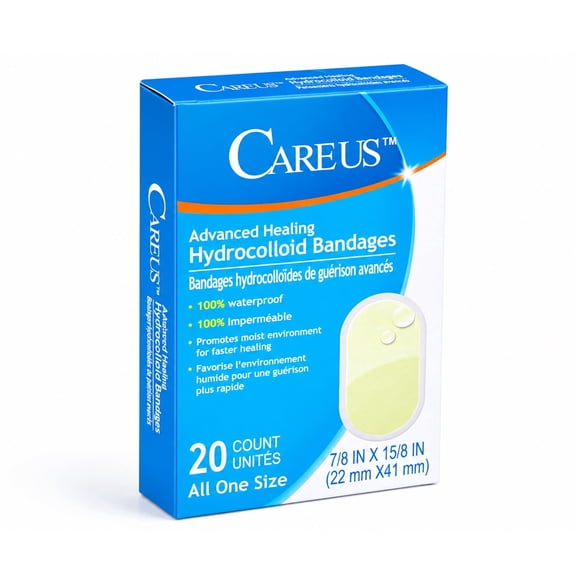 Careus Advanced Healing Hydrocolloid Gel Bandages for Sensitive Skin, Scrapes, Burn, Blister, Acne Care, Waterproof, Latex Free, One Size (1.6" x 2.7"), 20 Count
