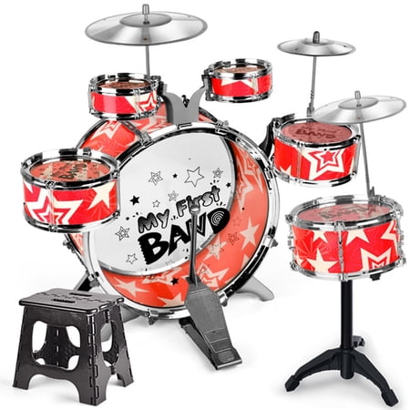 Carevas 6-Piece Drum Set Drum Kit Jazz Drum Set with Folding Step Stool Cymbal Pedal Drumsticks Percussion Musical Instrument for Junior Beginners