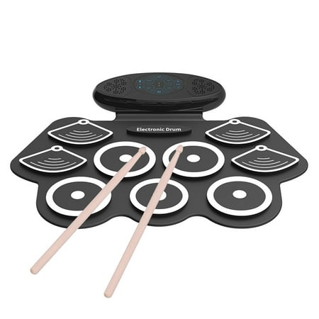 Carevas Portable 9 Pads Electronic Drum Set Roll Up Silicone Practice Drum Pad Built-in 2 Speakers Stereo Rechargeable Multifunction Tabletop Drum Support Recording Function/ Audio Input/ MIDI Outpu
