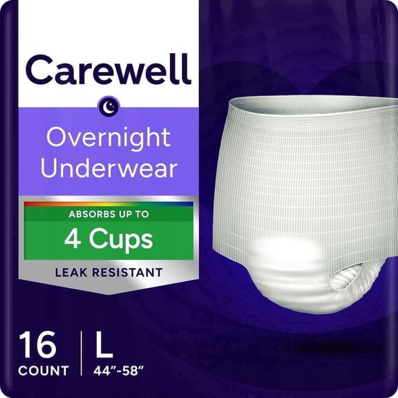 Carewell Overnight Incontinence Pull-Up Underwear, Large (44-58 inches) - Bag of 16