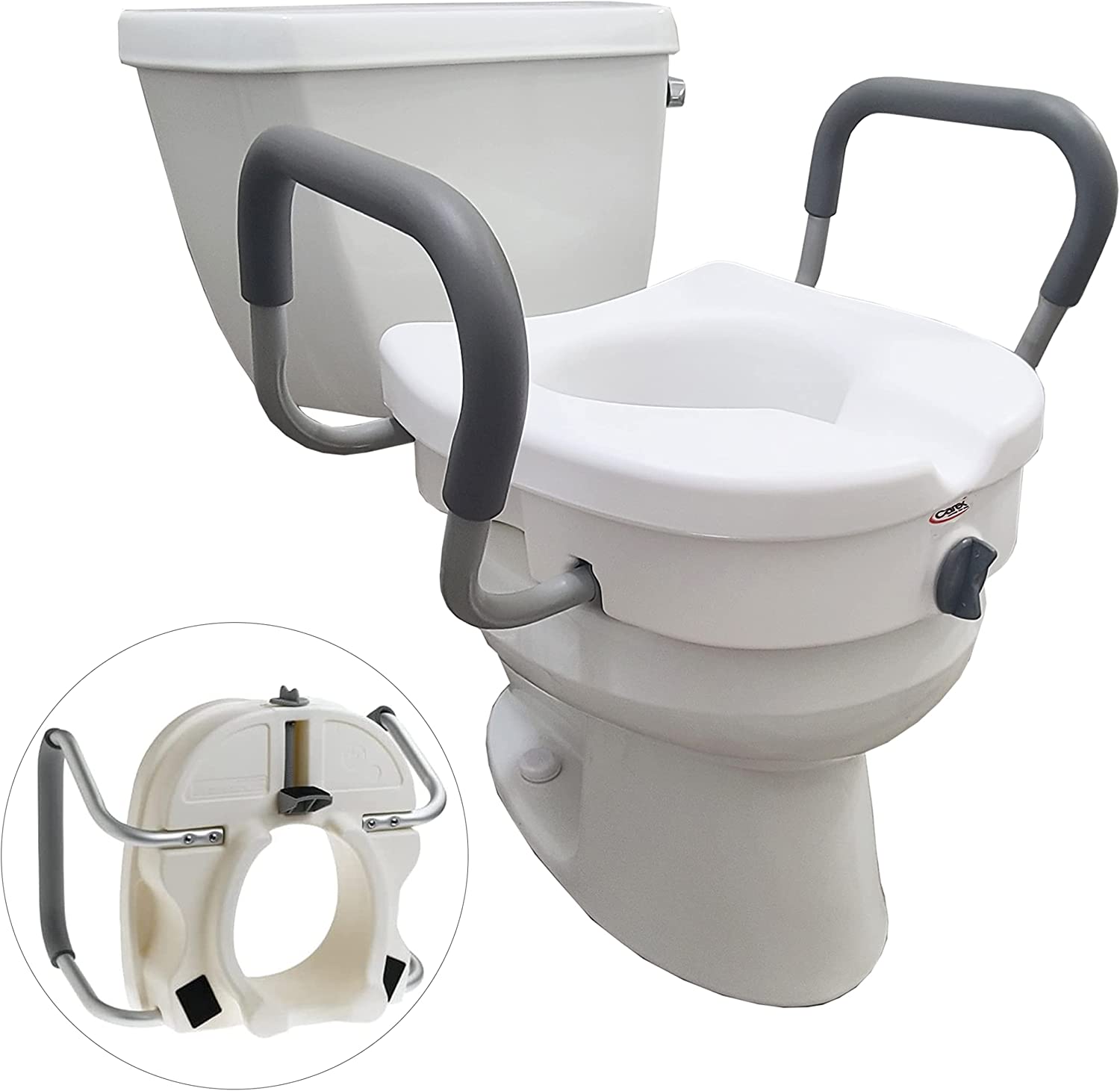 Carex EZ Lock Raised Toilet Seat with Handles, 5 Inch Elevated Handicap Toilet Seat Riser with