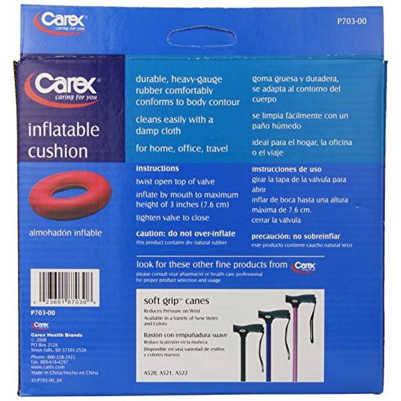 Carex, Inflatable Ring Cushion, Rubber, Durable and Easy to Clean, Reduces Discomfort from Sitting for Long Periods, Hemorrhoids, Tailbone or Coccyx Pain, Helps Avoid Pressure Sores