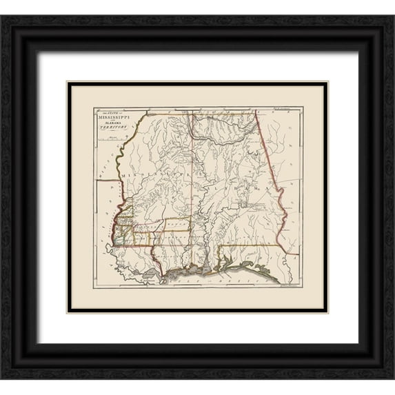 Carey 13x12 Black Ornate Wood Framed with Double Matting Museum Art Print Titled - Mississippi, Alabama Territory - Carey 1818