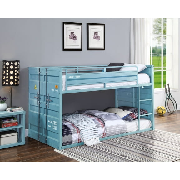 Cargo Aqua Finish Twin Bunk Bed - Sturdy Metal Frame with Safety Guardrail & Slat System, Space-Saving Twin Over Twin Design for Bedroom, 42"x80"x46", Max 330lbs/bed