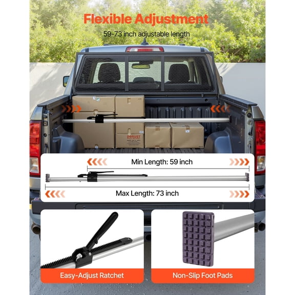 Cargo Bar, Ratcheting Cargo Bar Adjustable from 59" to 73", Heavy-duty Steel Cargos Stabilizer with Non-Slip Foot Pads, Telescoping Load Lock Bars Stop Sliding for Pickup Truck