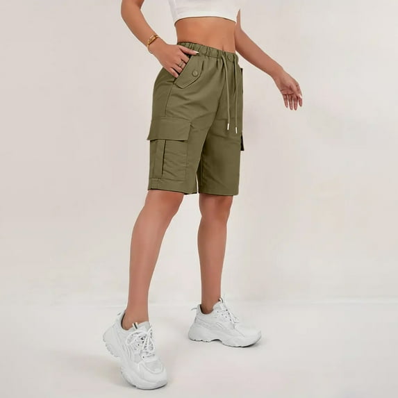 Cargo Bermuda Shorts for Women Below the Knee Elastic Waist Quick Dry Pull On Lightweight Sport Shorts Wide Leg High Rise Sweat Shorts with Pocket Army Green S