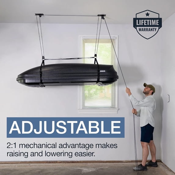 Cargo Box Pulley System – Heavy-Duty Garage Hoist Lift for Rooftop Carriers – Garage Storage & Garage Organization Ceiling Hoist with Pulley – Holds 150 lbs - Fits 8–10 ft Ceilings