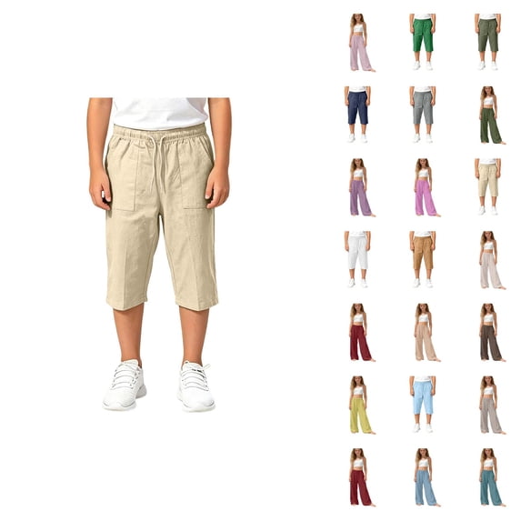 Cargo Capri Pants for Boys High Waisted Relaxed Fit Elastic Knit Waist Casual Capris Trousers