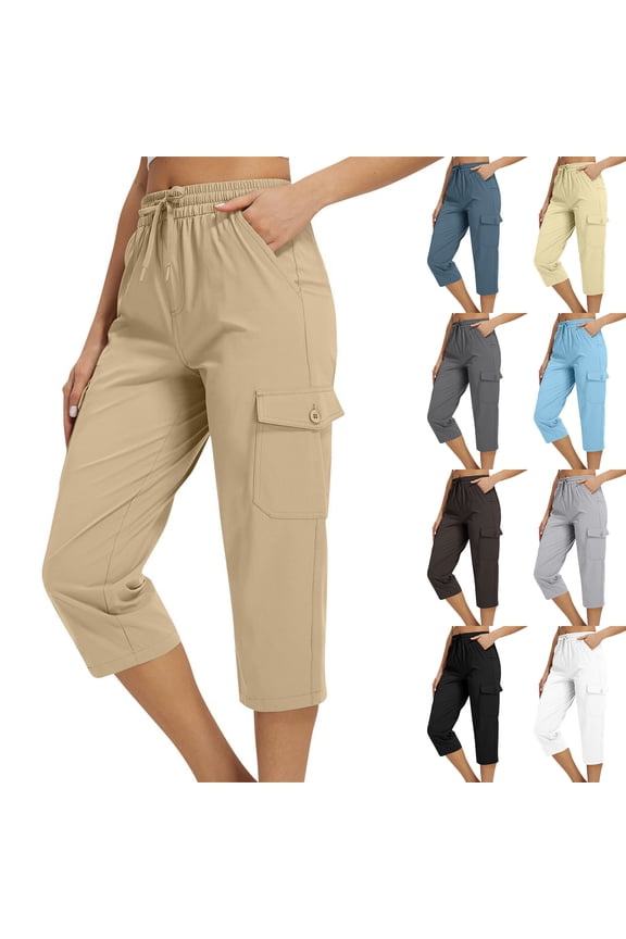 Cargo Capri Pants for Women Casual Summer Drawstring Elastic Waist Quick Dry Hiking Capris with Pockets, 2XL