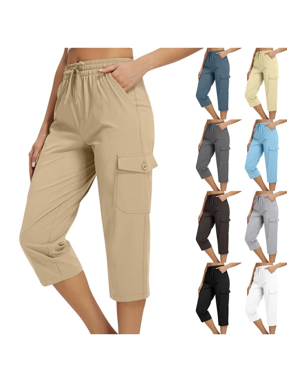 Cargo Capri Pants for Women Casual Summer Drawstring Elastic Waist Quick Dry Hiking Capris with Pockets, S