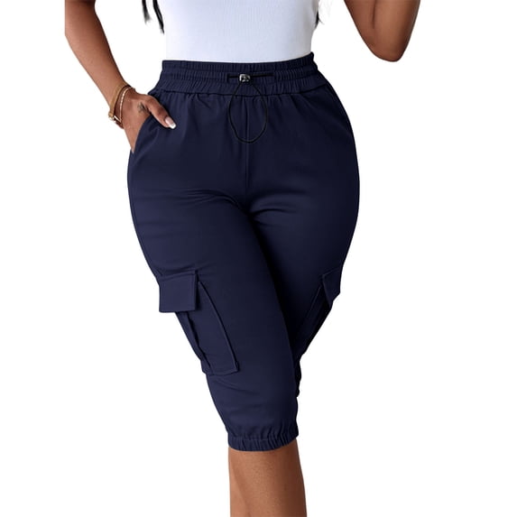 Cargo Capri Pants for Women Elastic Drawstring High Waist Dressy Shorts with Pockets Summer Cargo Capris Pants