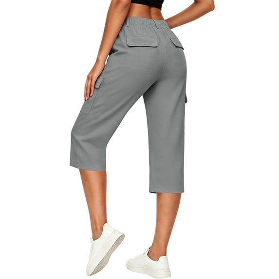 Cargo Capri Pants for Women High Waisted Elastic Knit Waist Casual Capris Trousers Quick Dry Hiking Cropped Pants with Pocket