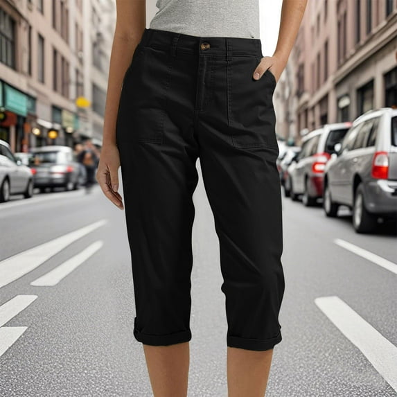 Cargo Capri Pants for Women High Waisted Relaxed Fit Elastic Knit Waist Casual Capris Trousers Cropped Pants Black XXL