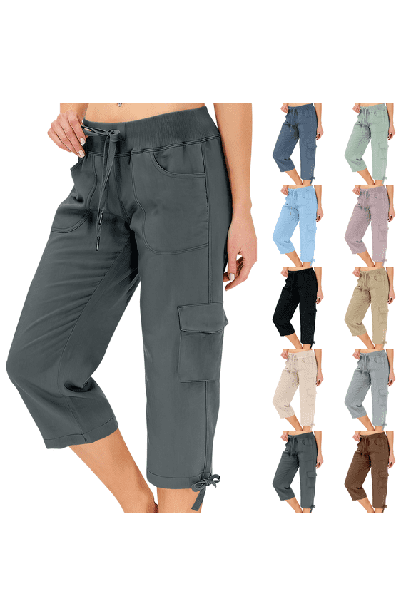 Cargo Capri Pants for Women High Waisted Relaxed Fit Pull on Petite Elastic Knit Waist Casual Capris Trousers Cropped Pants Dark Gray M