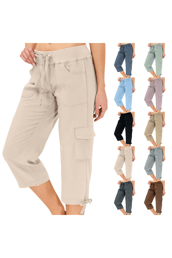 Cargo Capri Pants for Women High Waisted Relaxed Fit Pull on Petite Elastic Knit Waist Casual Capris Trousers Cropped Pants Khaki 2XL