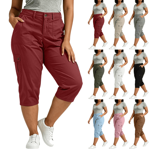 Cargo Capri Pants for Women Plus Size Mid-Rise Loose Lightweight Capris with Pockets Summer Casual Hiking Pants,Sizes L-5XL