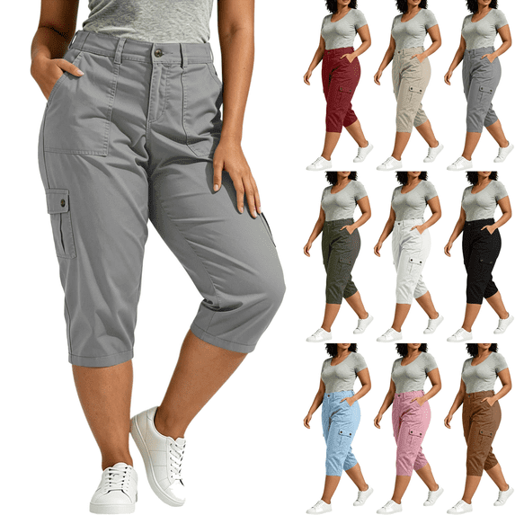 Cargo Capri Pants for Women Plus Size Mid-Rise Loose Lightweight Capris with Pockets Summer Casual Hiking Pants,Sizes L-5XL
