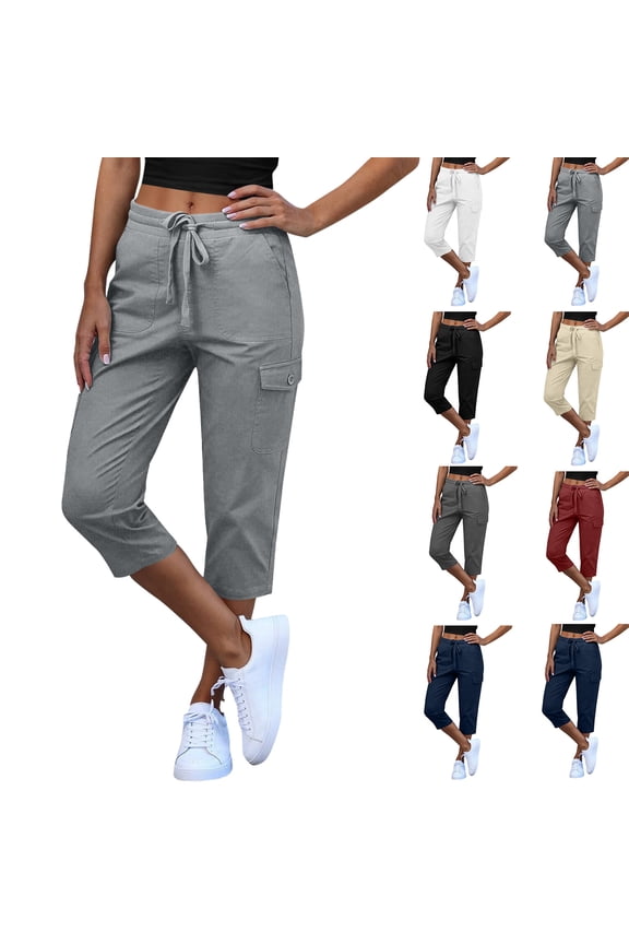 Cargo Capri Pants for Women Summer High Waisted Drawstring Casual Capris Lightweight Slim Fit Cargo Chino Pant Black 2XL