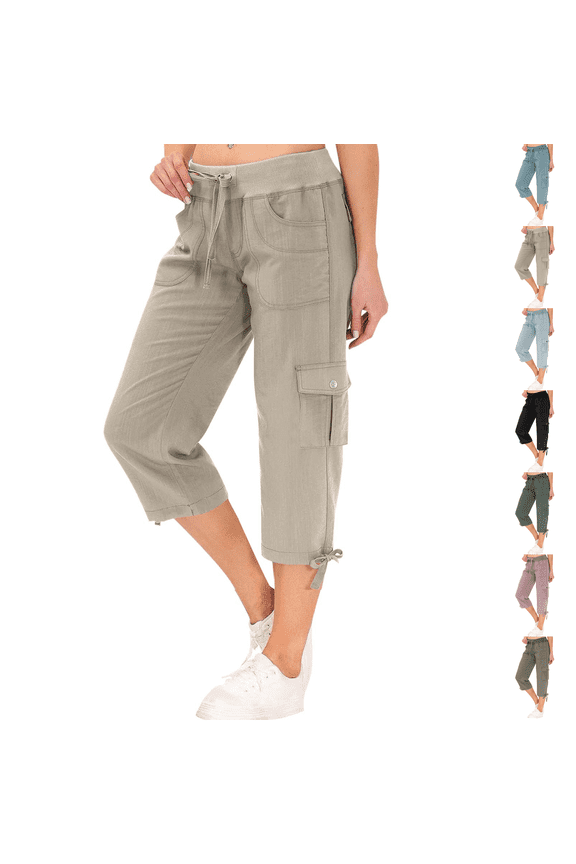 Cargo Capris For Women With Pockets Casual Drawstring Baggy Petite Pants Lightweight Low Rise Hiking Athletic Work Joggers Khaki M