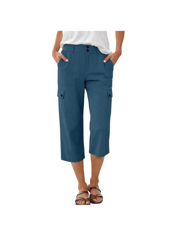 Cargo Capris Pants for Women Waterproof Quick Dry Petite Capri Cargo Pants with Pockets Lightweight Pull On Athletic Hiking Joggers Navy XL