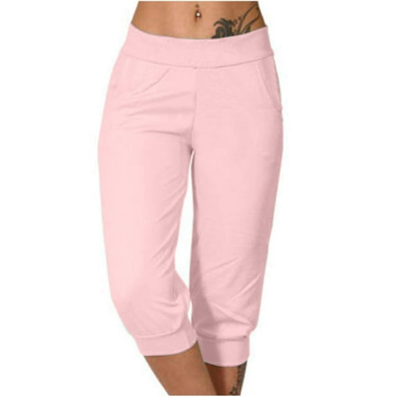 Cargo Capris Women Loose New Women's Yoga Capris Loose Workout Pants Outdoor Sport Stretchy Sweatpant Casual Trousers with Pockets Pinky M