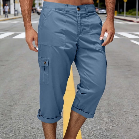 Cargo Capris for Men Relaxed Fit Multi-Pockets Trousers Durable Cotton Twill 3/4 Length Shorts Cuffed Hem Casual Work Pants Outdoor Hiking Outfits