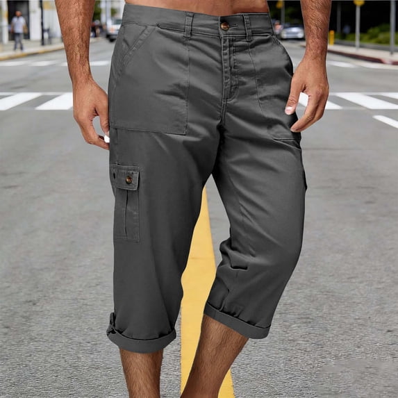 Cargo Capris for Men Relaxed Fit Multi-Pockets Trousers Durable Cotton Twill 3/4 Length Shorts Cuffed Hem Casual Work Pants Outdoor Hiking Outfits
