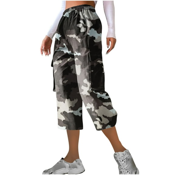 Cargo Capris for Women Casual Loose Fit Capri Pants Elastic Waist High Rise Pants