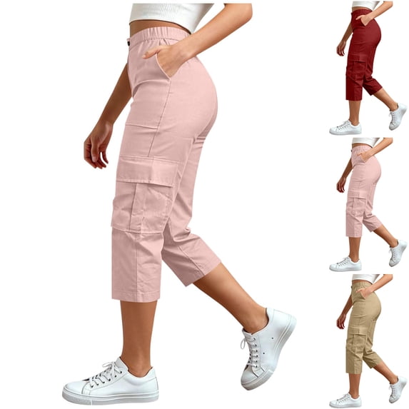 Cargo Capris for Women Casual Stretch Straight Leg Cargo Pants Loose High Waisted Button Cropped Trouser with Pocket Khaki M