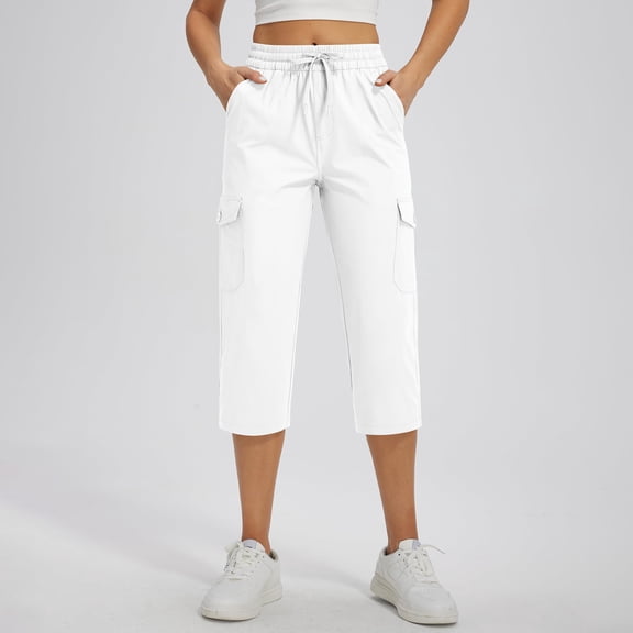 Cargo Capris for Women Drawstring Elastic Waisted Casual Pants Lightweight Straight Leg Hiking Athletic Work Joggers with Pockets White L