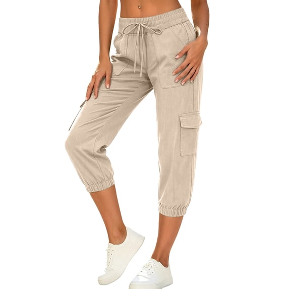 Cargo Capris for Women High Waisted Multi-Pockets Athletic Joggers Relaxed Drawstring Summer Casual Pants Beige XL