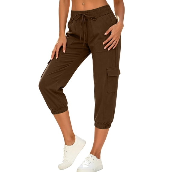 Cargo Capris for Women High Waisted Multi-Pockets Athletic Joggers Relaxed Drawstring Summer Casual Pants Brown M