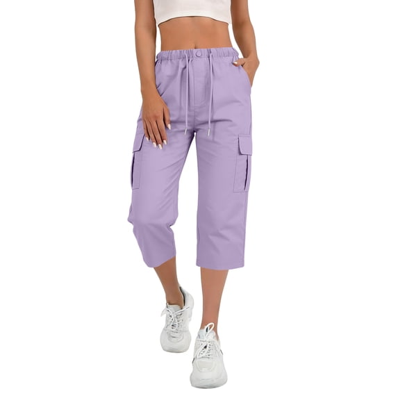 Cargo Capris for Women High Waisted Solid Color Trousers with Pockets Casual Straight Leg Pants for Summer Street Style Fashion