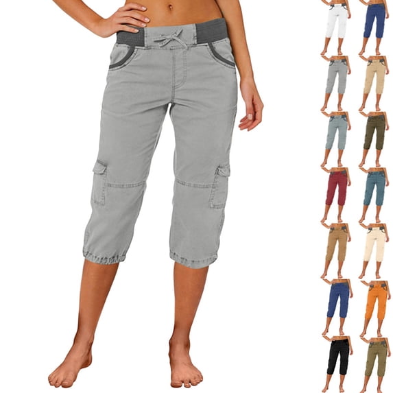 Cargo Capris for Women Stretch Lightweight Casual Solid Cargo Hiking Pant Rolled Trousers Outdoor Clothes with Pockets,Gray M