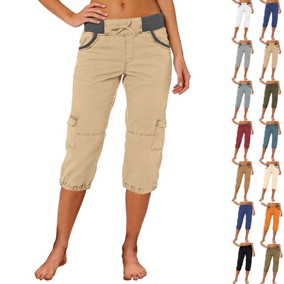 Cargo Capris for Women Stretch Lightweight Casual Solid Cargo Hiking Pant Rolled Trousers Outdoor Clothes with Pockets,Khaki XXL