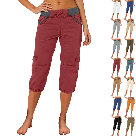 Cargo Capris for Women Stretch Lightweight Casual Solid Cargo Hiking Pant Rolled Trousers Outdoor Clothes with Pockets,Wine M