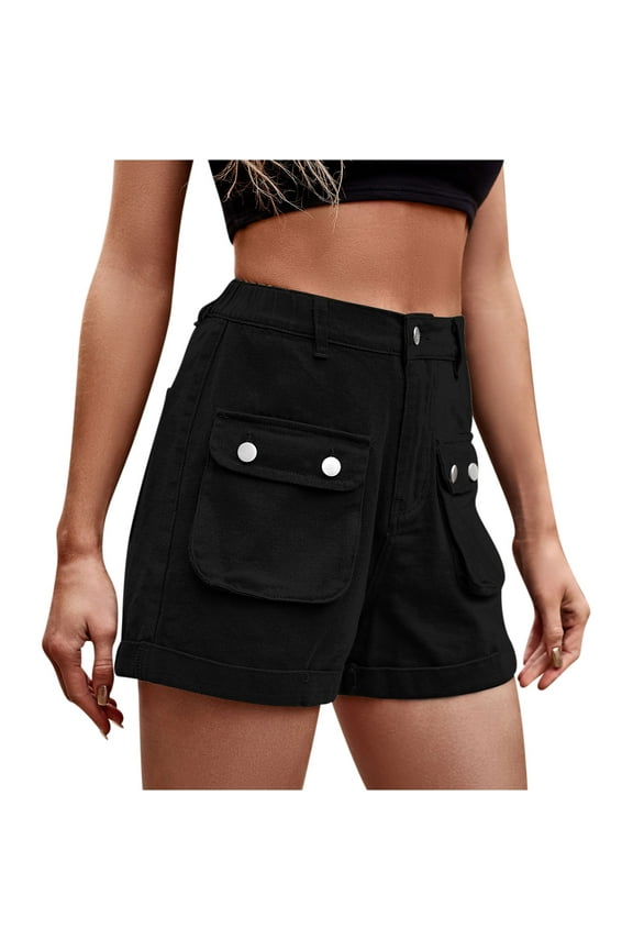 Cargo Denim Shorts for Teen Girls High Waist Multi-pocket Y2K Jean Short Folded Hem Straight Leg Cargo Cowgirl Shorts