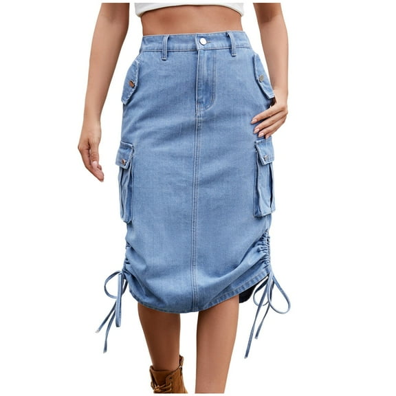 Cargo Denim Skirt Women Denim Cargo Long Skirts, High Waisted Drawstring Pencil Skirt, Midi Length Jean Skirt with Pockets Blue M