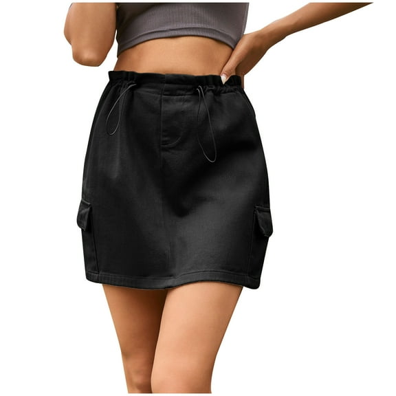 Cargo Denim Skirts for Women High Waist Drawstring Pencil Short Skirts Solid Color Y2K Mini Skirt with Flap Pockets