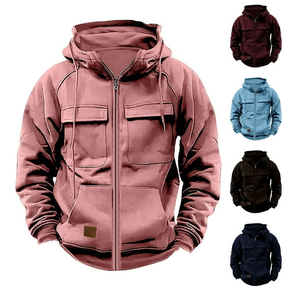 Cargo Hoodies for Men Full Zip Warm Fleece Sweatshirt Drawstring Hooded Tops Sherpa Lined Pullover Long Sleeve Sweater with Pockets Workwear Gym Sport Hiking Hoodie Jacket Size S-3XL