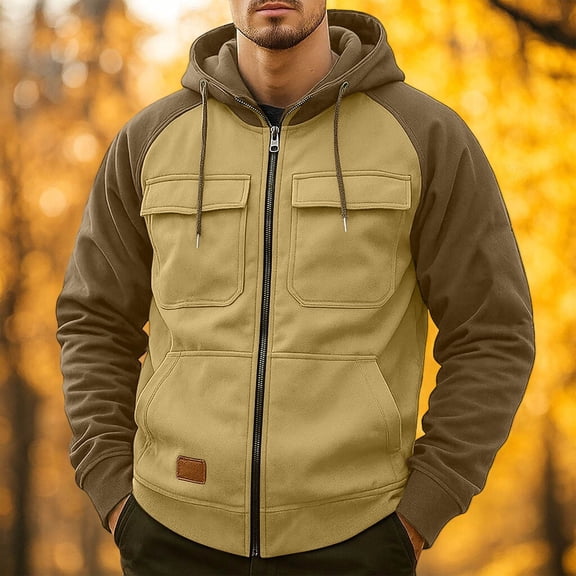 Cargo Hoodies for Men Lightweight Tactical Zip up Sweatshirt Gym Workout Hooded Jacket with Multi Pockets New Men's Fashion Fall Jacket Khaki S