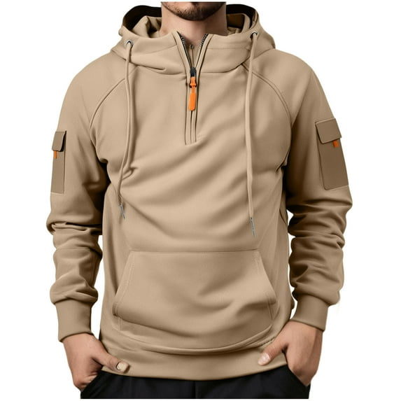 Cargo Hoodies for Men Quarter Zip Sweatshirt Outdoor Workout Pullover Hooded Tops with Multi-pockets Khaki L