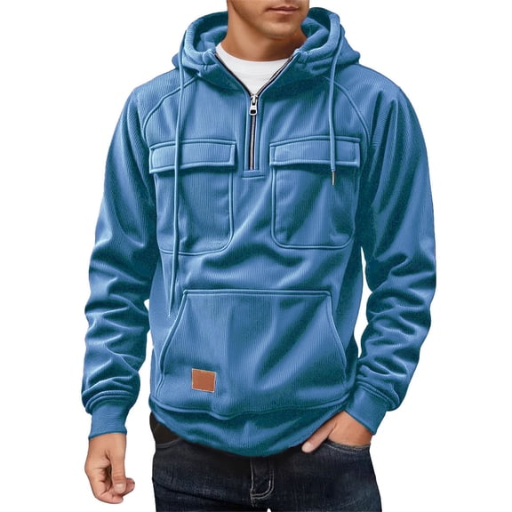 Cargo Hoodies for Men Quarter Zip Up Tactical Hoodie Pullover Fall Winter Fashion Hooded Sweatshirt with Multi Pockets