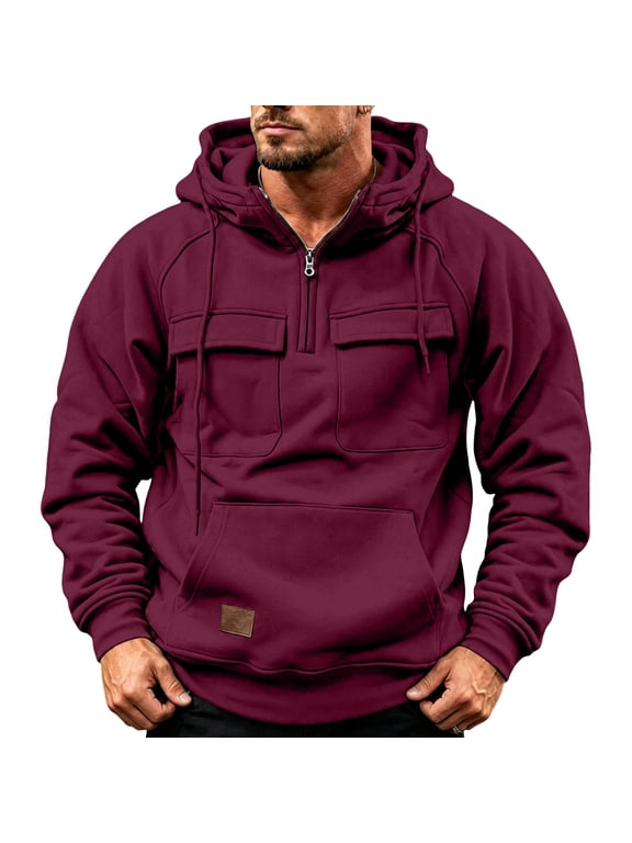 Cargo Hoodies for Men Tactical Sweatshirt Quarter Zip Cargo Pullover Hoodies Workout Gym Men Fashion Outdoor Hoodie Wine 2XL
