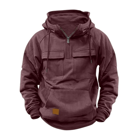Cargo Hoodies for Men with Pockets and Quarter Zipper Pullover Fleece Lined Sweatshirts Mens Solid Raglan Thermal Warm Athletic Hiking Hoodie Tops