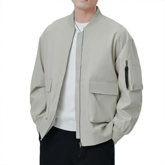 Cargo Jackets For Men Full-Zip Crew Neck Multi Pockets Solid Color Cardigan Plus Size Casual Stylish Outwear Loose Fit (5XL, Brown)