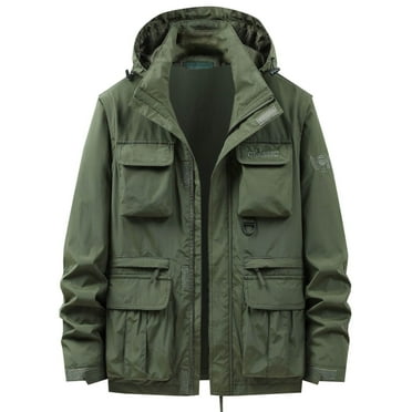 Cargo Jackets for Men with Detachable Hood, Casual Zip Up Long Sleeve Stylish Outdoor Outerwear with Pockets
