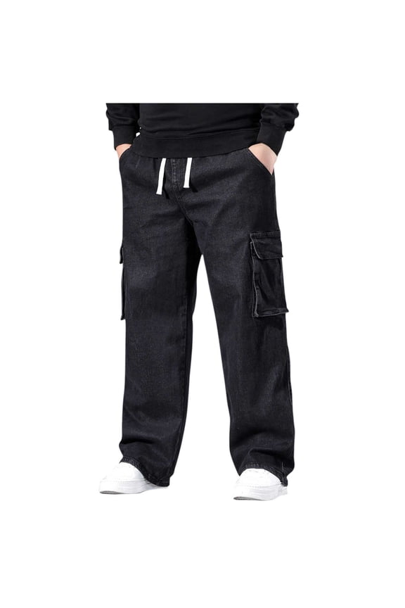 Cargo Jean Pants for Men with Multi Pockets Big and Tall 2X-5X Mens Wide Leg Denim Trouser Drawstring Jeans (5XL, Blue)